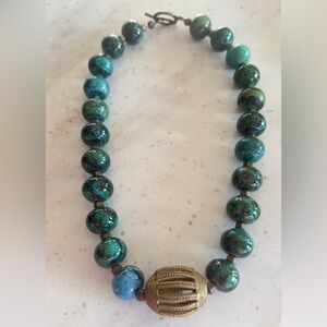 Chrysocolla Beaded Natural Gemstone necklace large brass center bead statement
